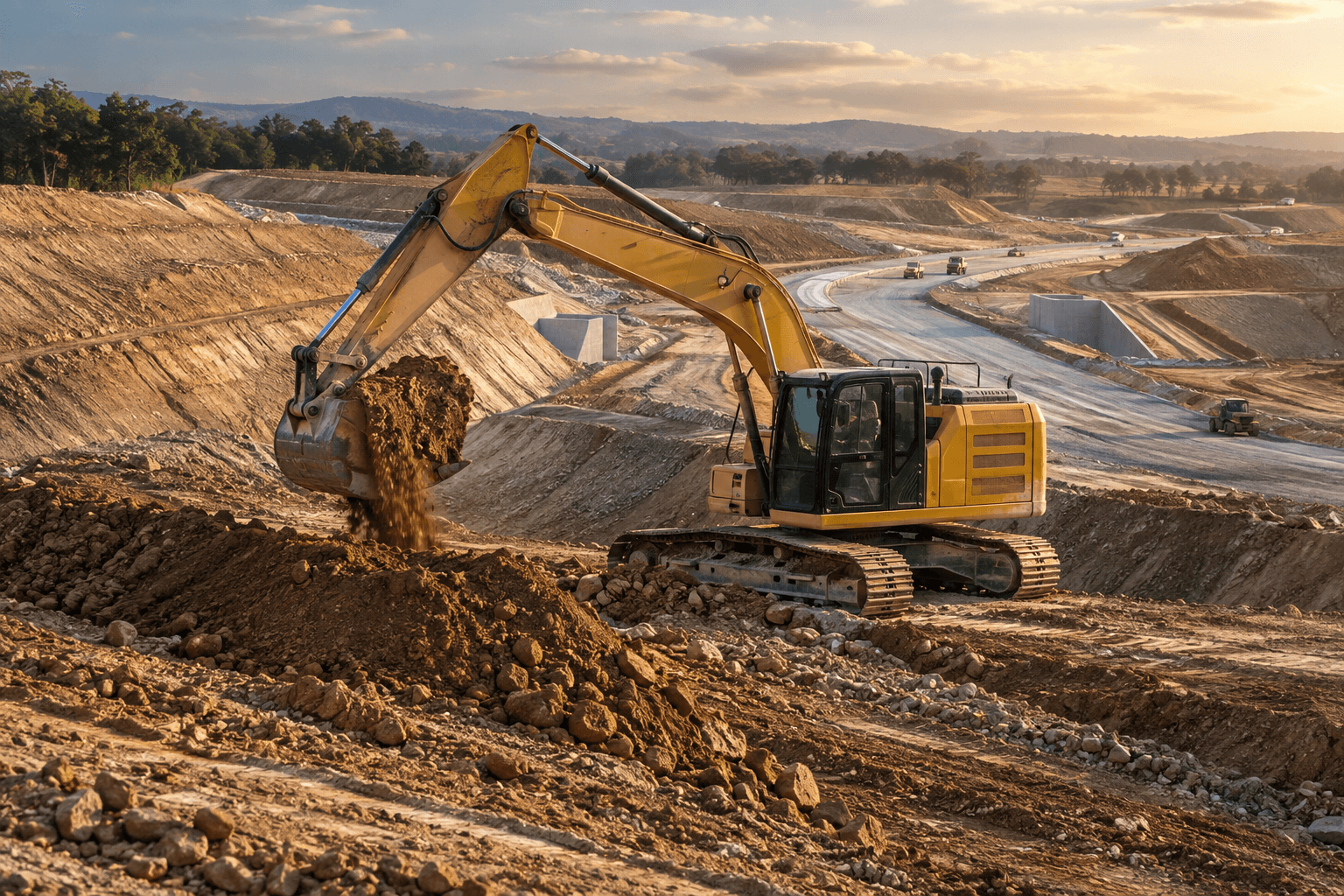 An excavator working on a large road construction site