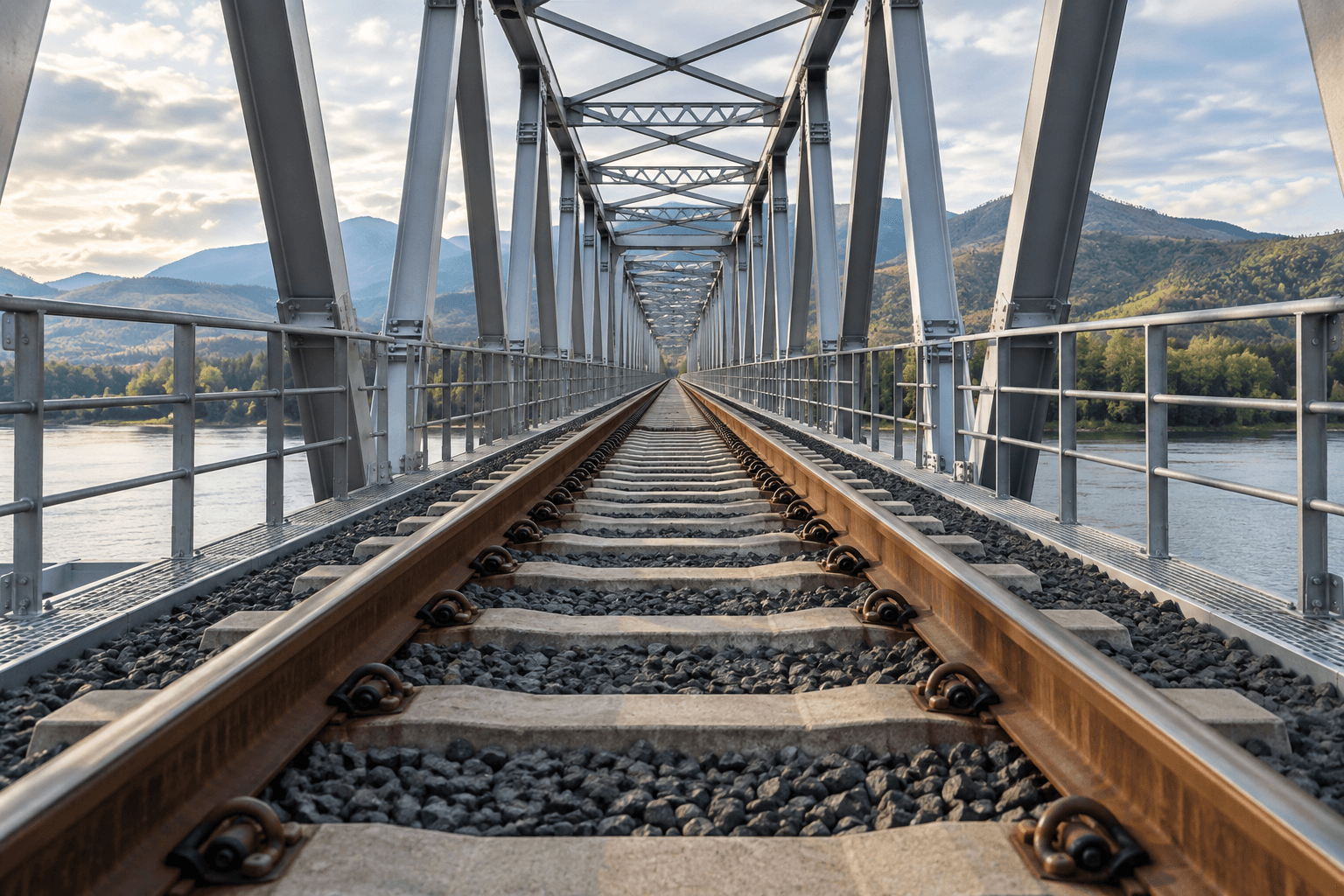Railway tracks crossing a steel truss bridge