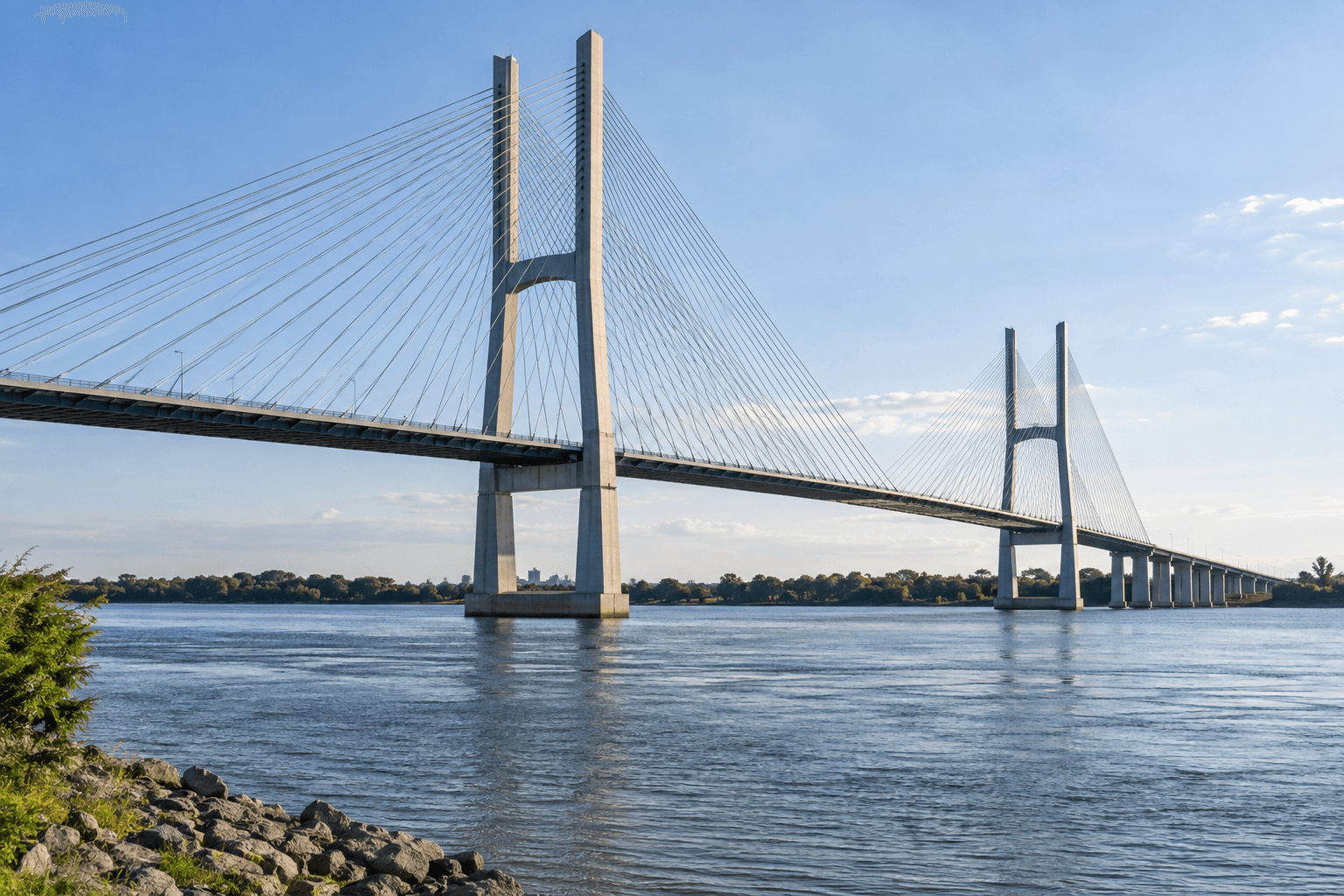 A cable-stayed bridge spanning a river