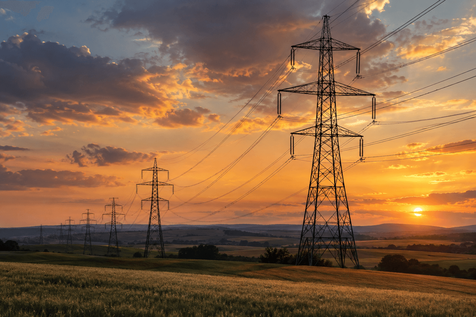 Electricity transmission towers at sunset